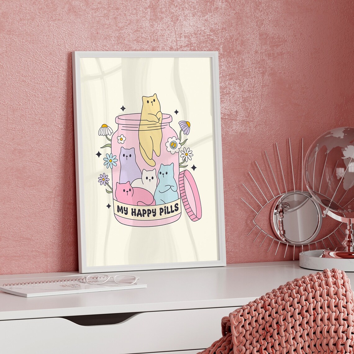 My Happy Pills Cute Cats Pill Bottle Kawaii Pastel Illustration Poster