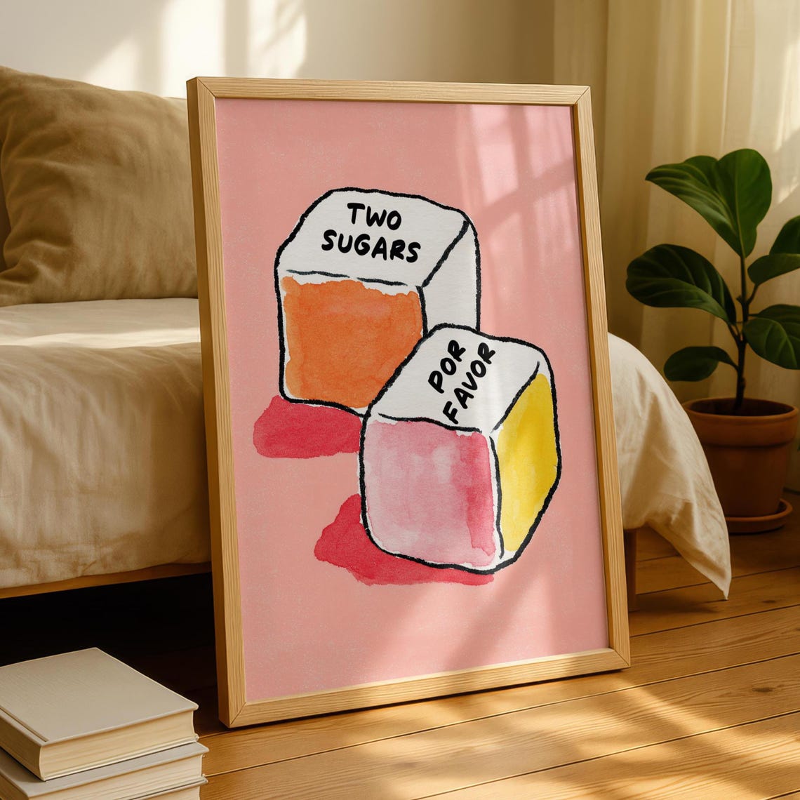 Two Sugars Por Favor Watercolor Sugar Cubes Pink Kitchen Poster