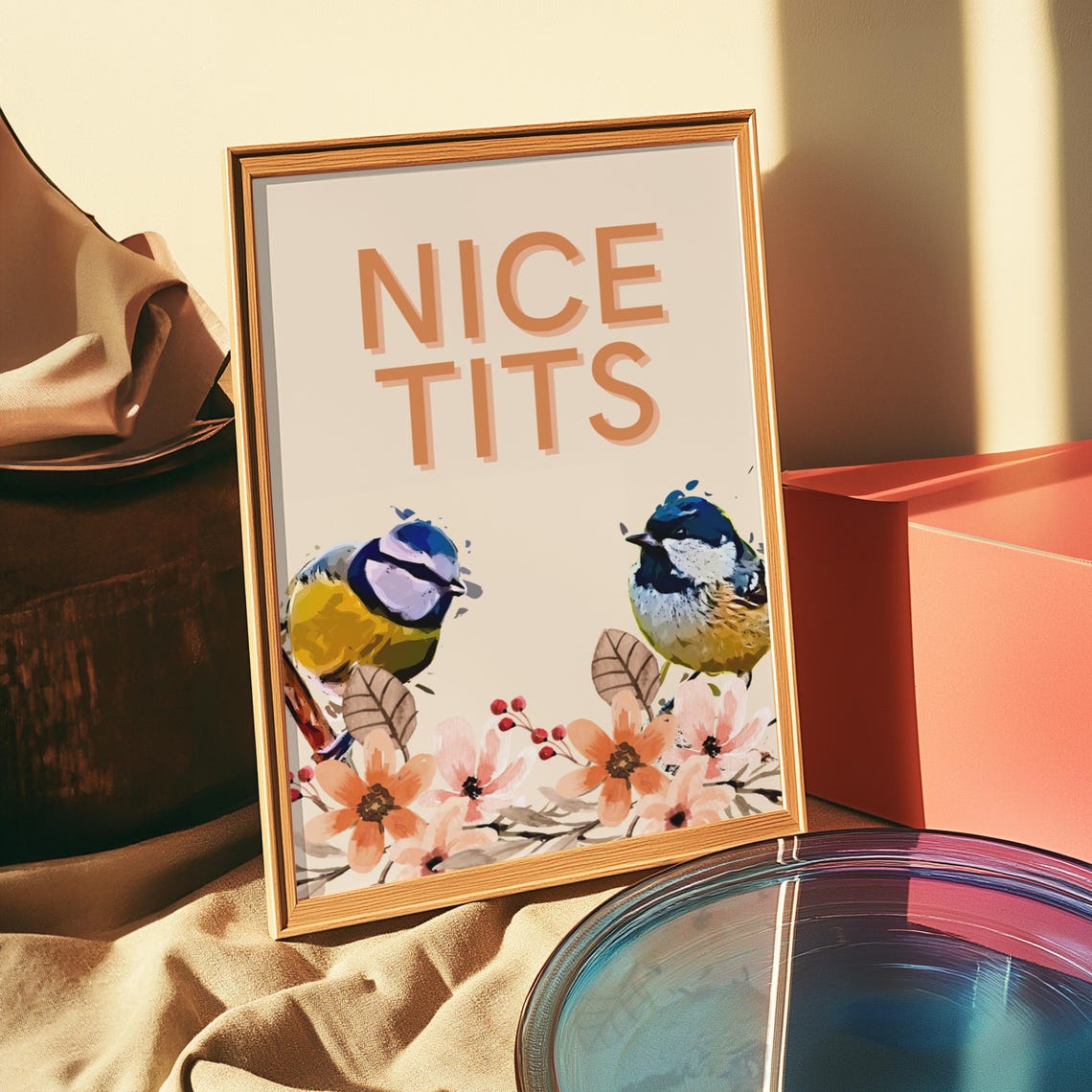 Nice Tits Blue Tit Birds Watercolor Funny Bird Lover Pun Poster