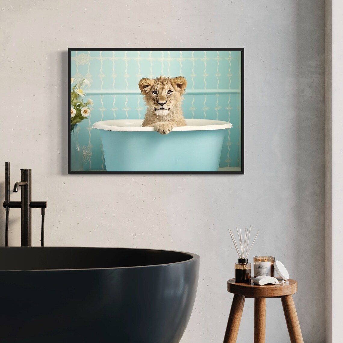 Lion Cub In Bathtub Turquoise Funny Animal Nursery Bathroom Art Poster - Image 2