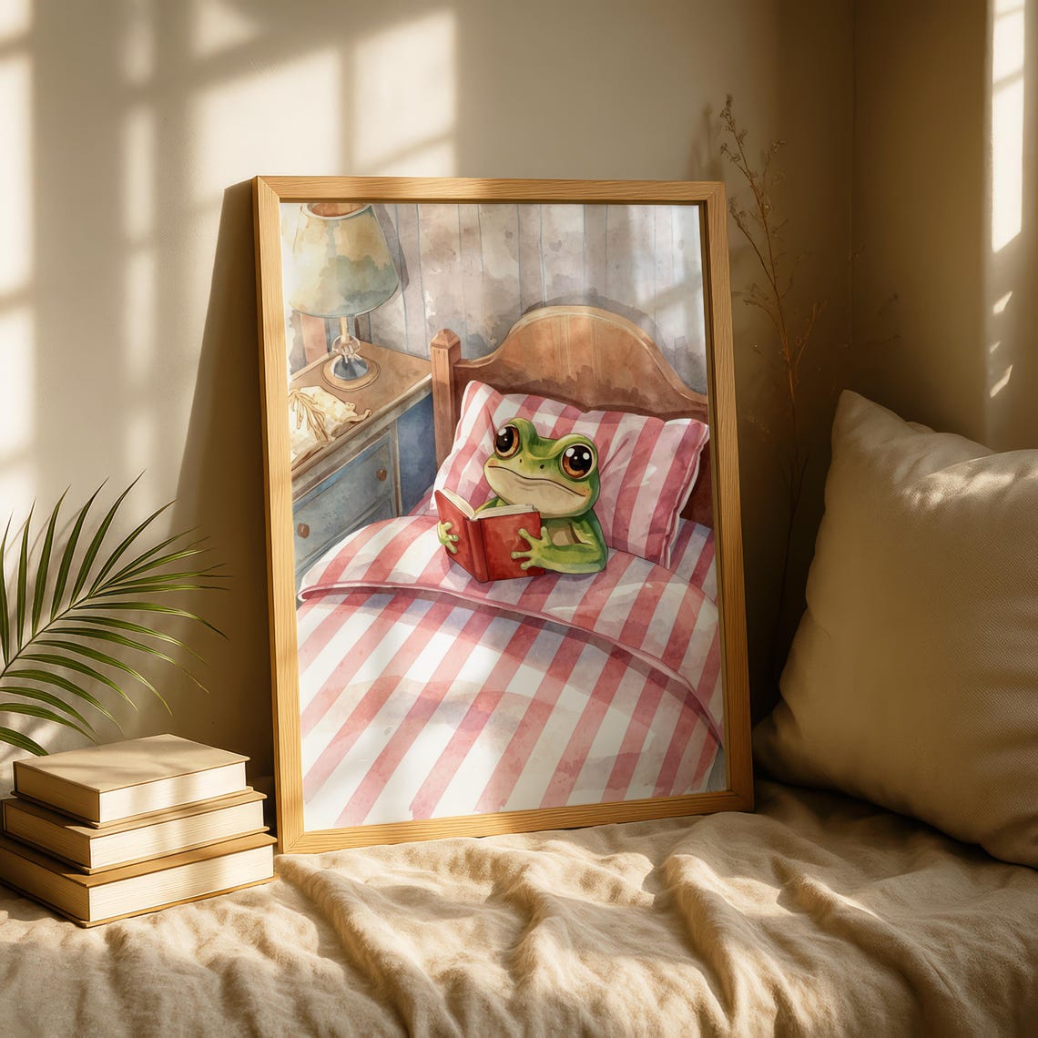 Sleepy Frog Reading In Bed Watercolor Cozy Kids Room Nursery Wall Art