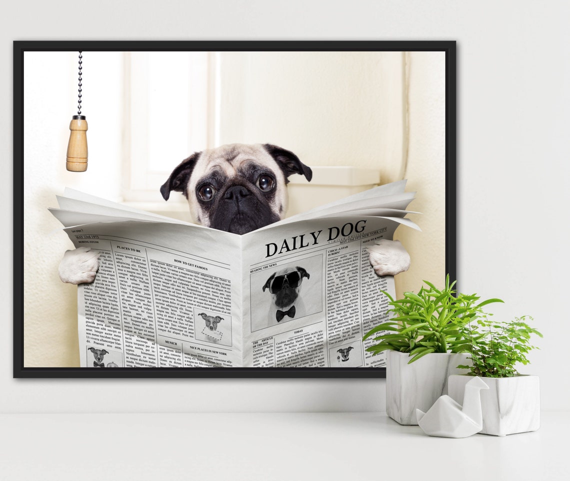 Funny Pug Reading Newspaper on Toilet Dog Bathroom Wall Poster