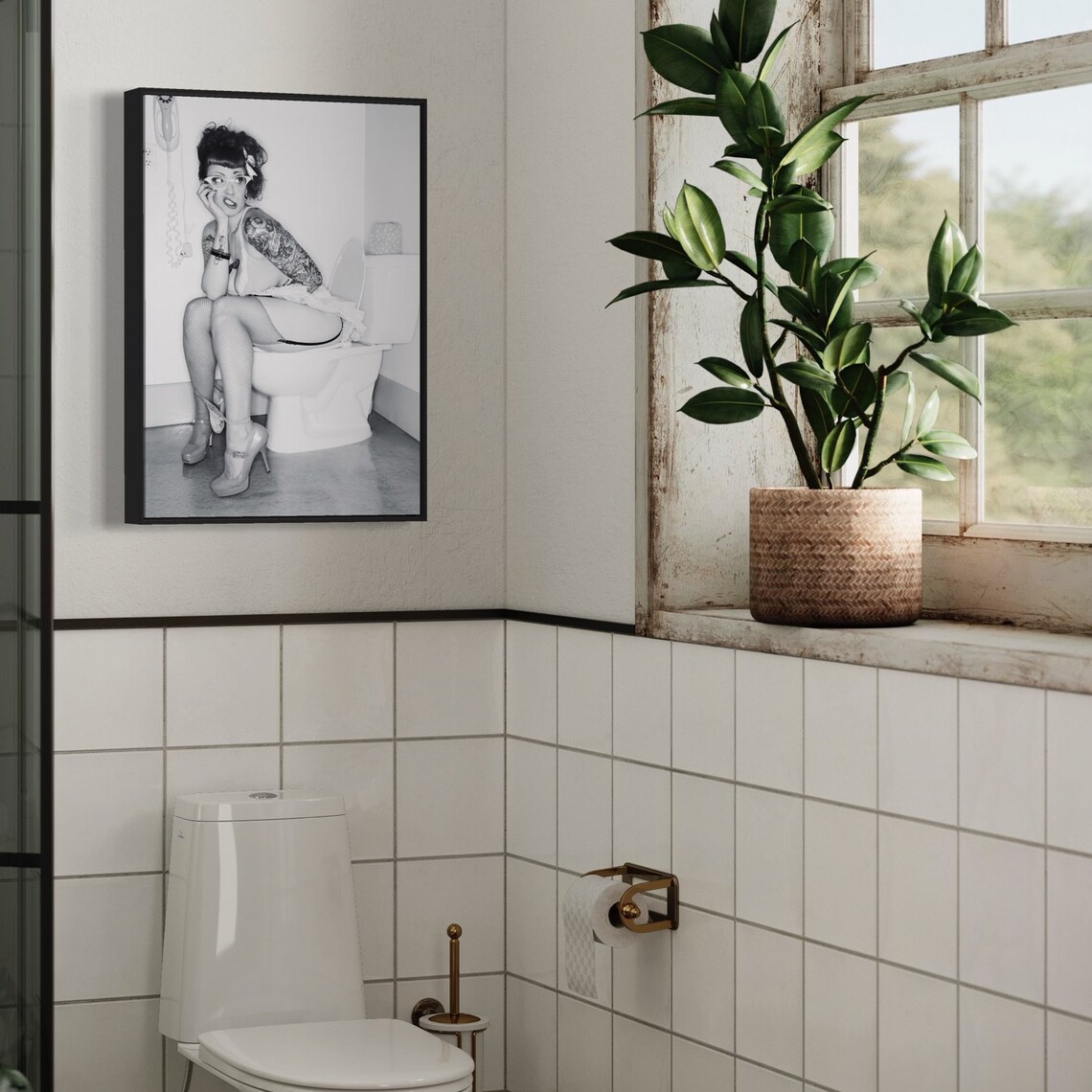 Tattooed Pin Up Girl on Toilet Cheeky Black White Photo Poster - Image 2