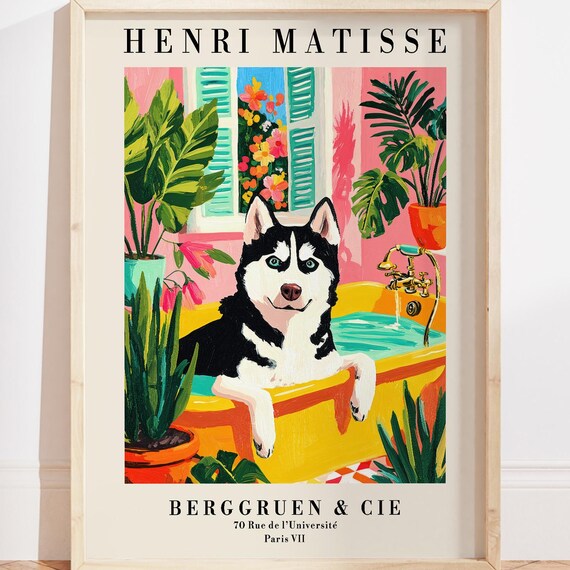 Colorful Playful Husky In Bathtub Matisse Style Exhibition Wall Art
