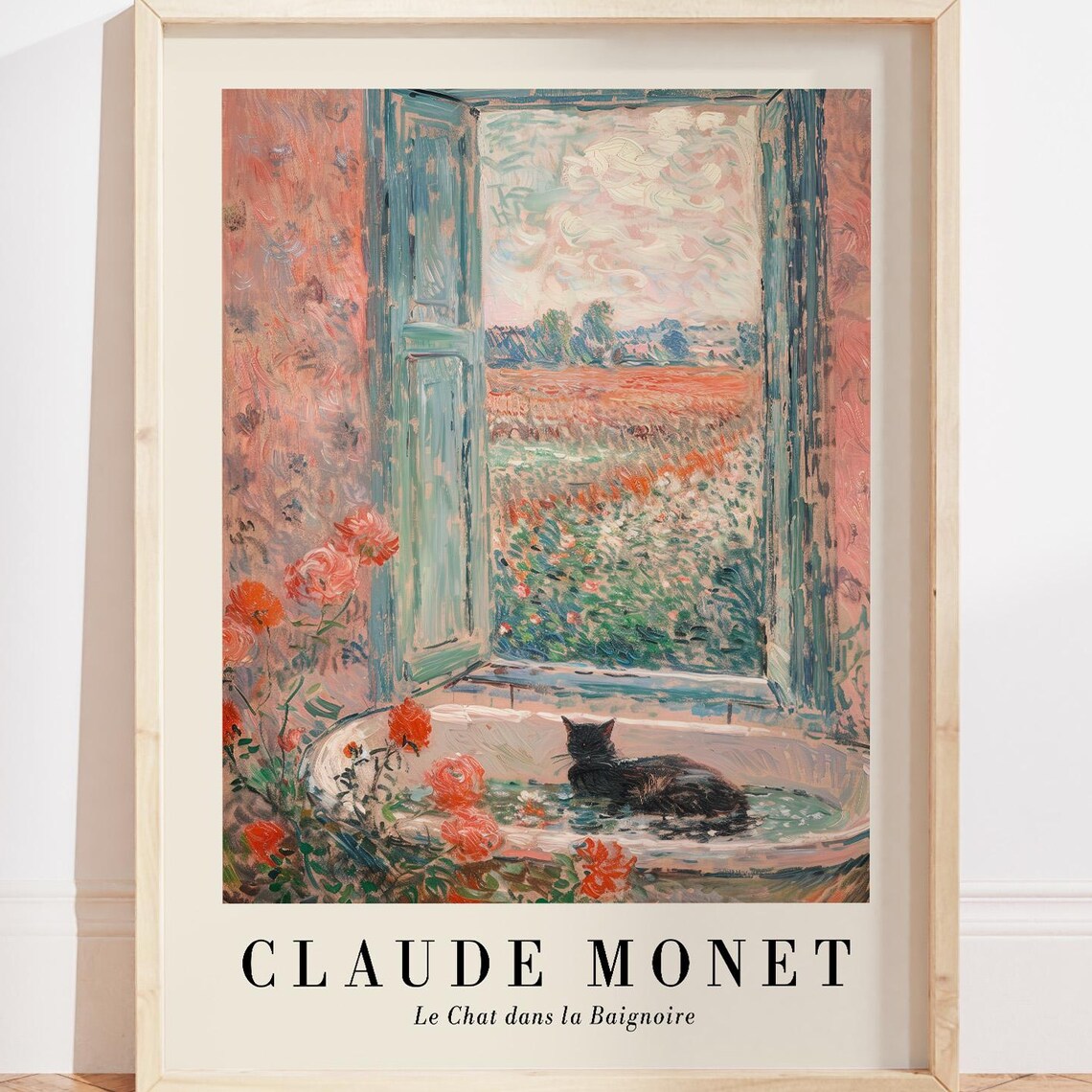 Monet-Inspired Black Cat Bathroom Poster, Pink Pastel Decor
