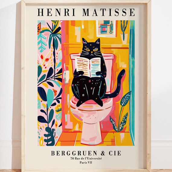 Cheeky Black Cat Reading On Toilet Matisse Style Exhibition Wall Art