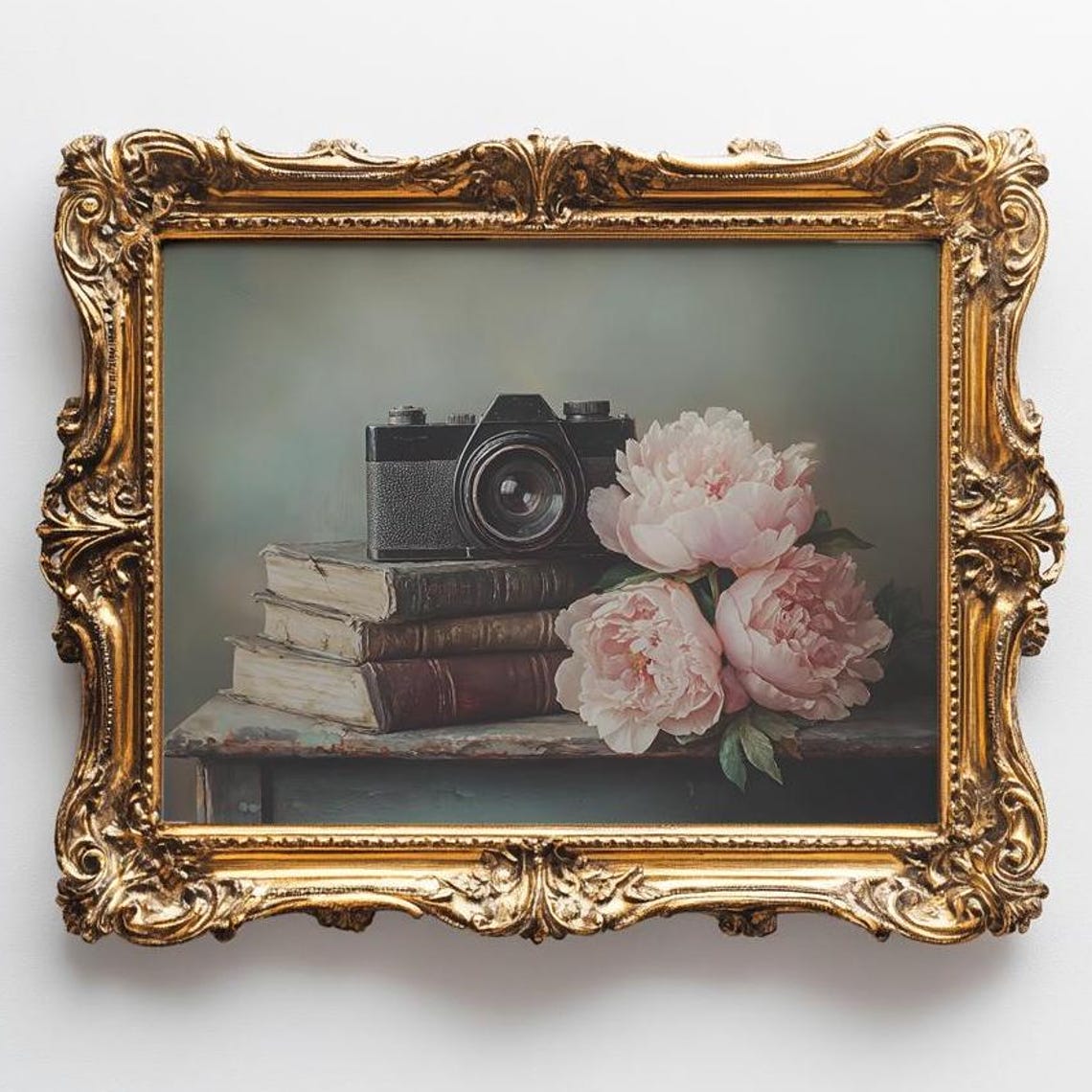 Vintage Film Camera With Books and Pink Peonies Still Life Poster