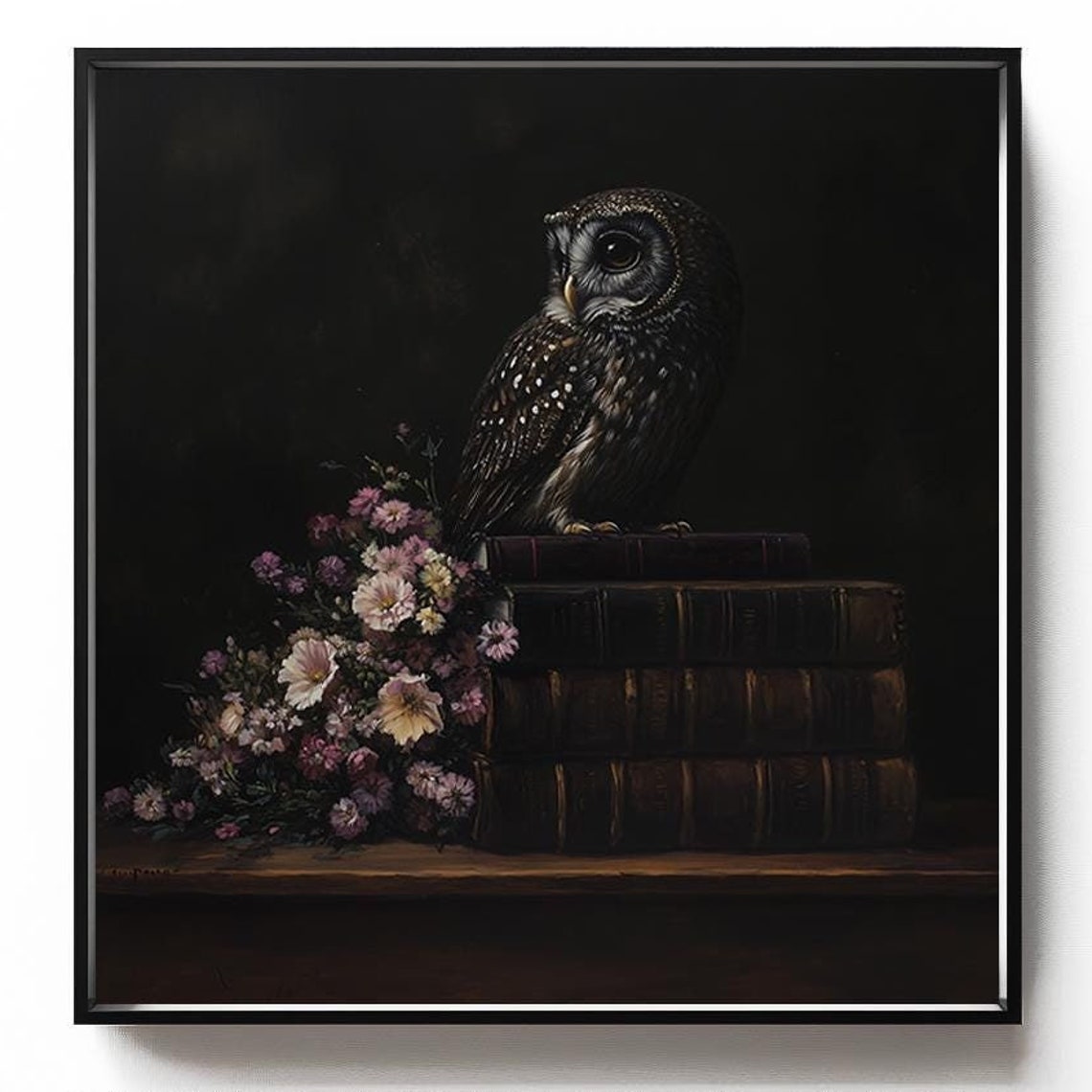 Owl on a Stack of Old Books with Flowers Dark Academia Poster