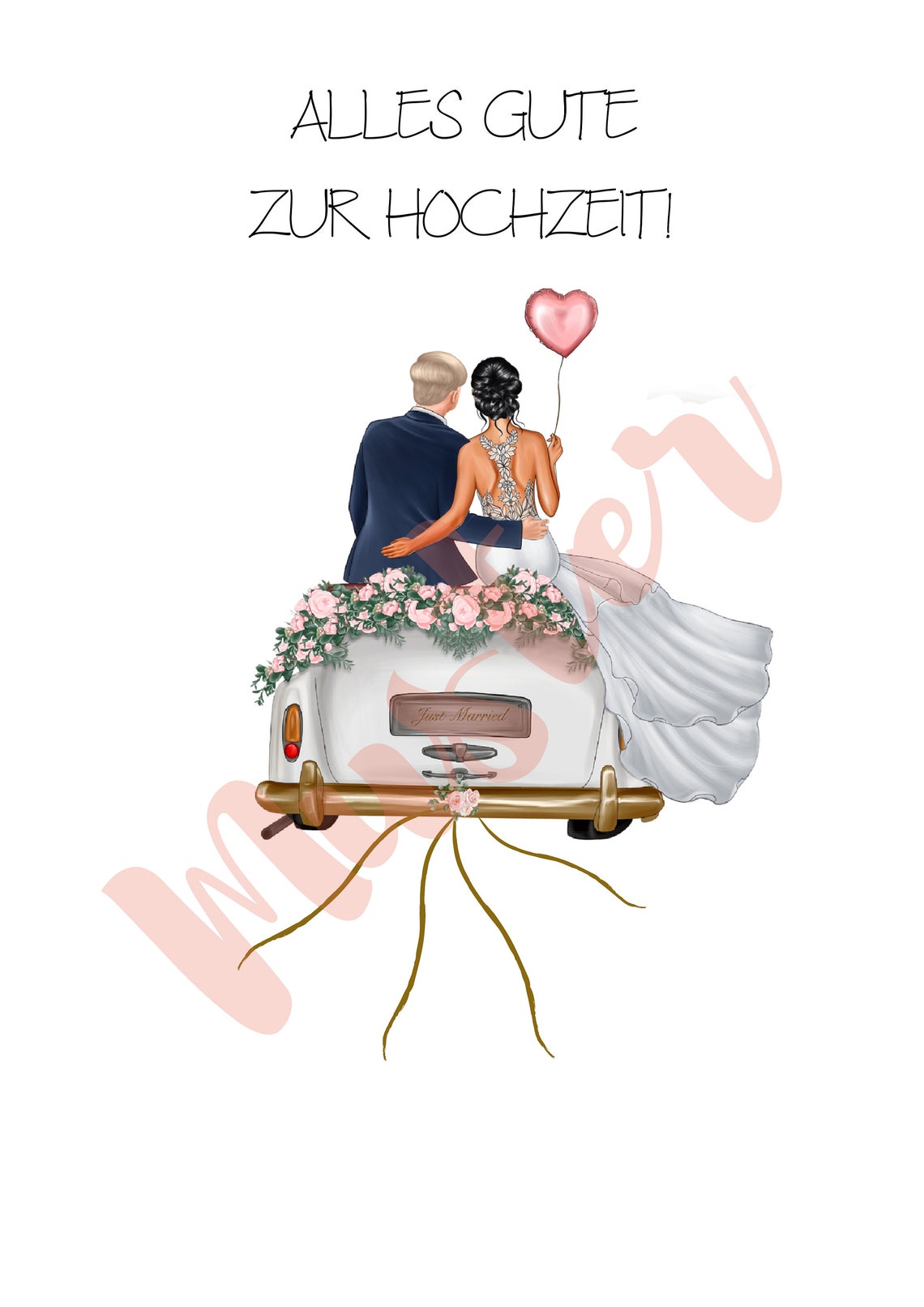 Blonde Groom and Black Braided Bride Champagne Just Married Car Poster - Image 3