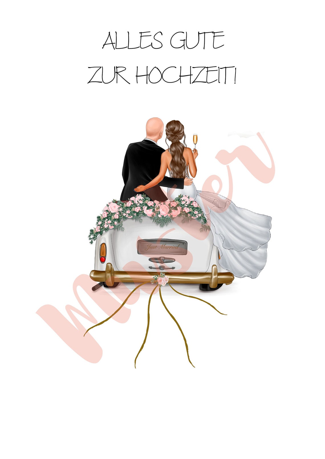 Bald Groom and Brown Haired Bride Champagne Just Married Car Poster - Image 2