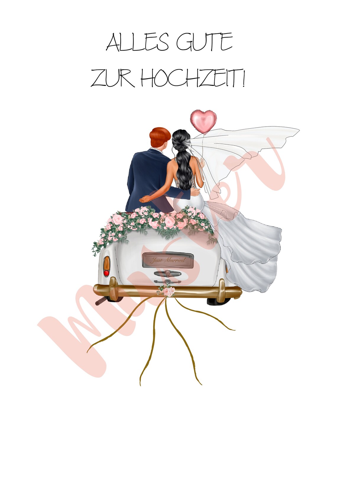 Red Haired Groom Dark Haired Bride Champagne Floral Wedding Car Poster - Image 3