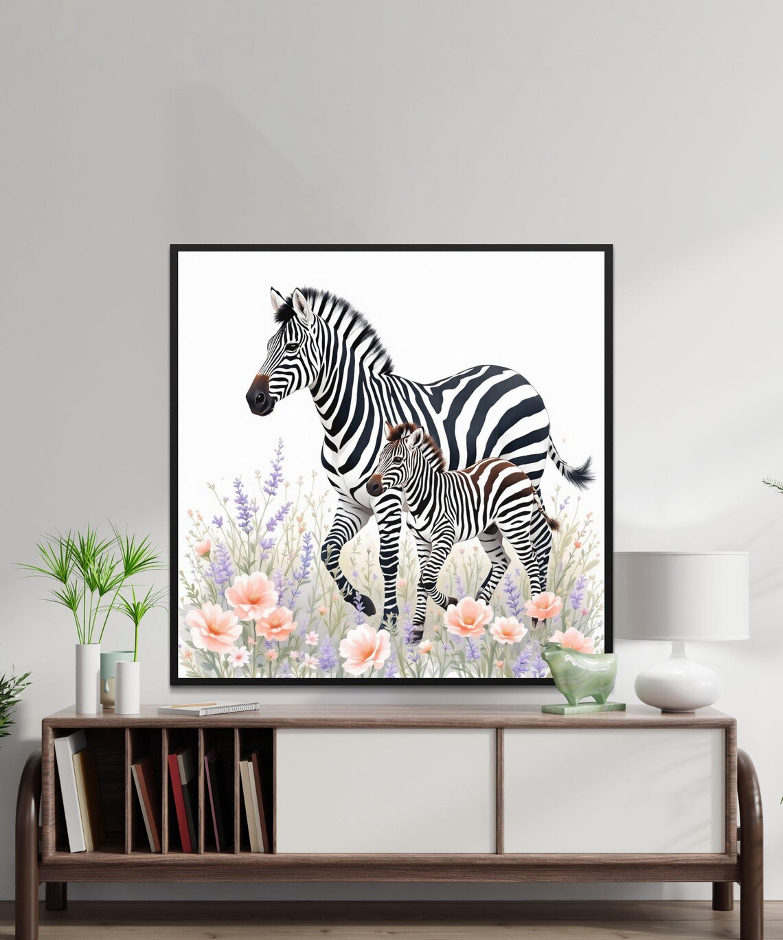 Zebra and Baby Zebra in Lavender Watercolor Nursery Animal Poster - Image 2