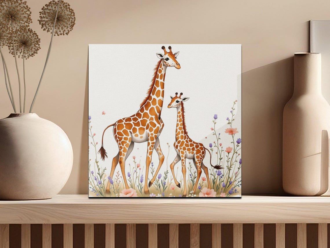 Mother Giraffe and Baby Giraffe in Wildflowers Watercolor Poster - Image 2
