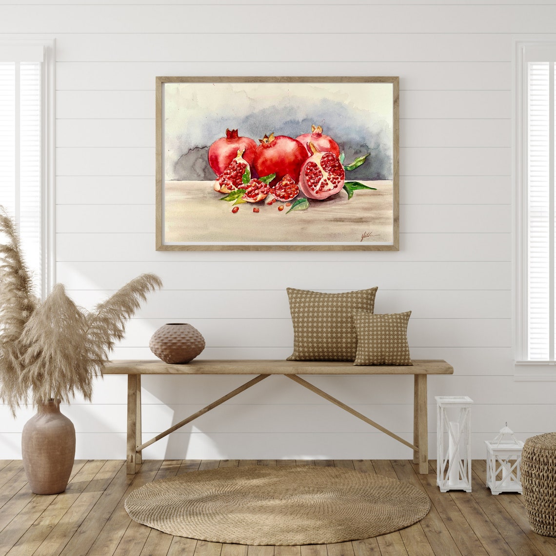 Pomegranates and Cut Fruit Seeds Rustic Watercolor Still Life Poster - Image 4