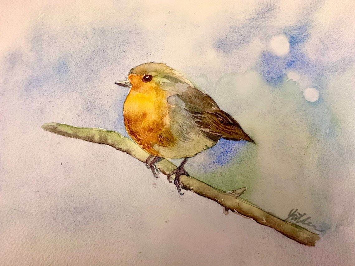 European Robin on Bare Branch Soft Blue Watercolor Garden Poster - Image 2