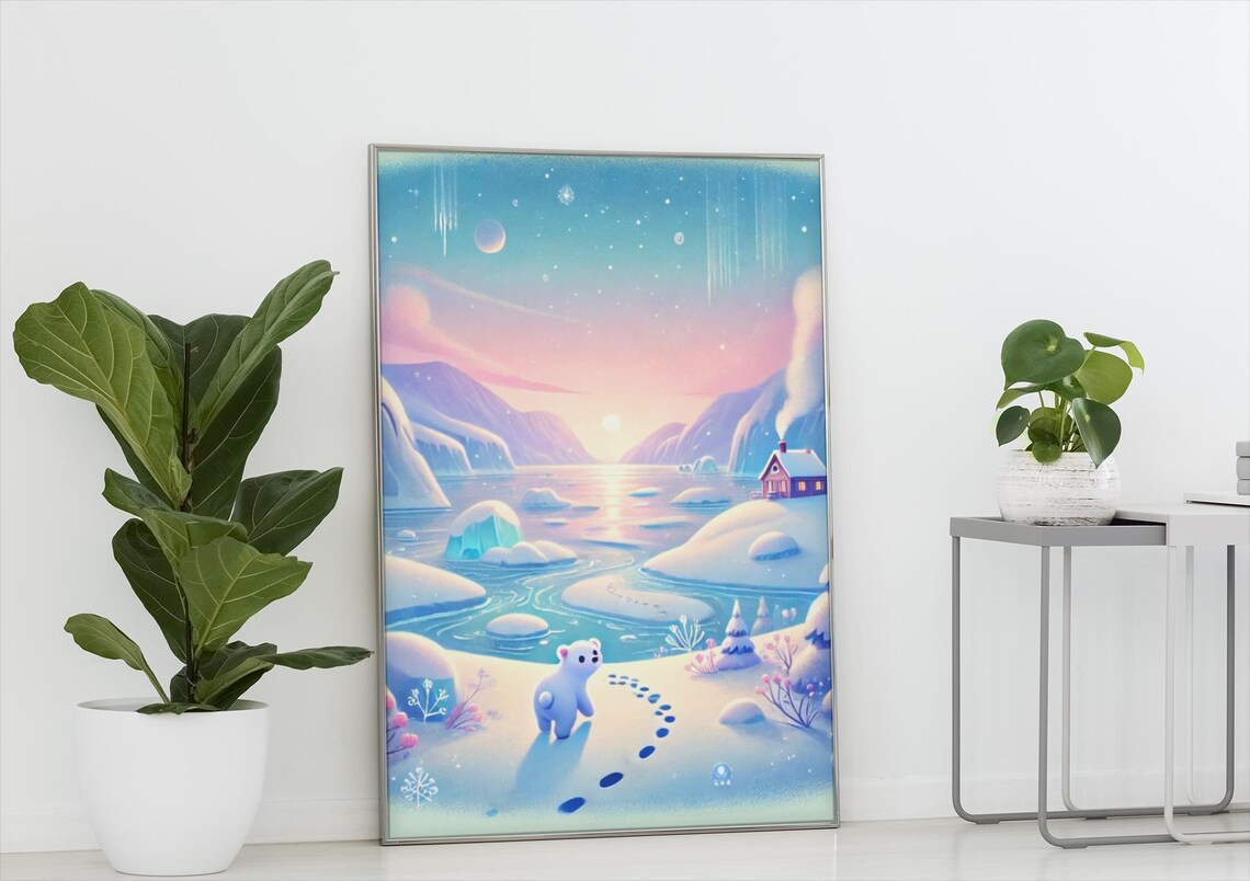 Cute Polar Bear Winter Art, Cozy Arctic Landscape - Image 4