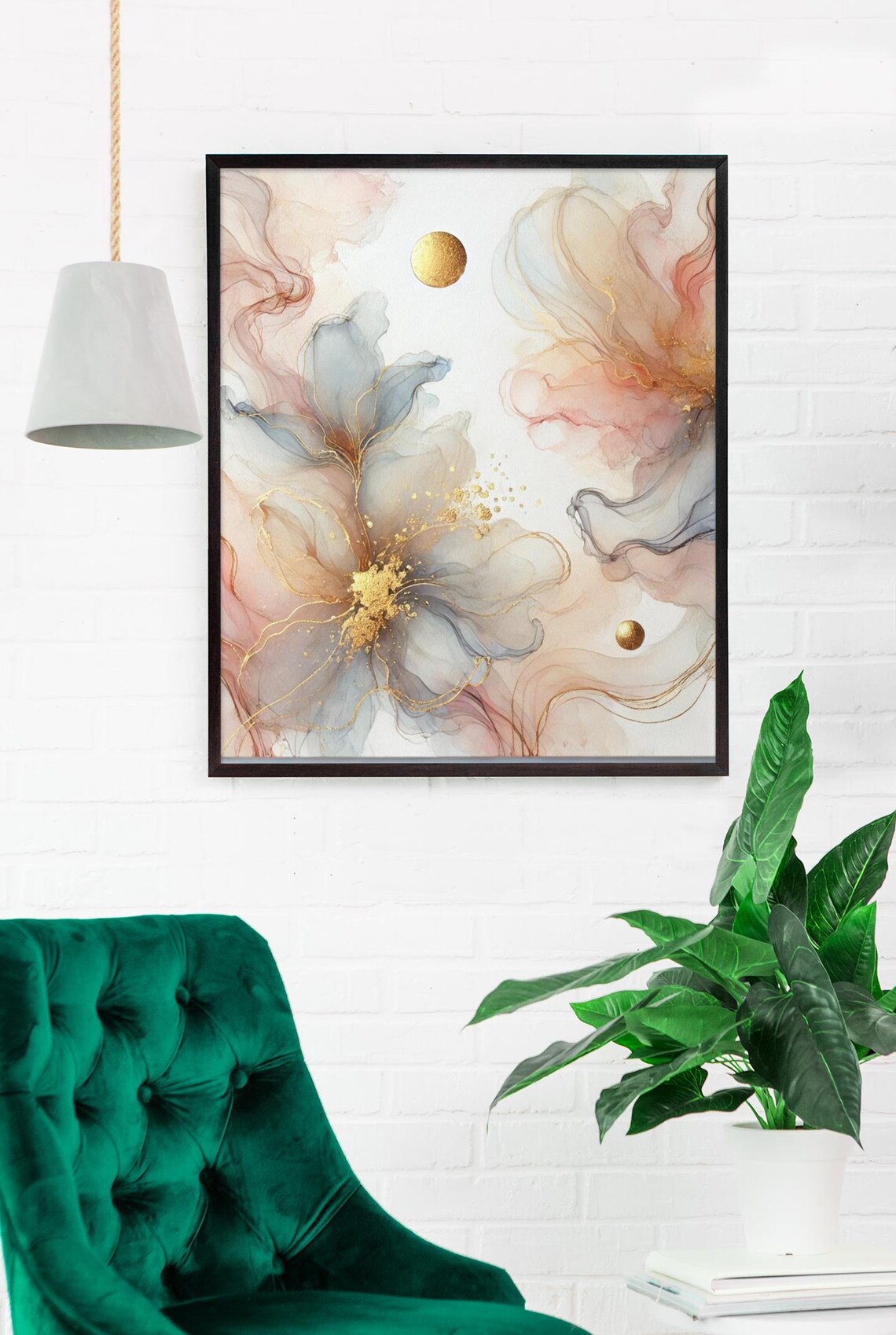 Floral Abstract Watercolor Flower Print, Gold Accent - Image 2