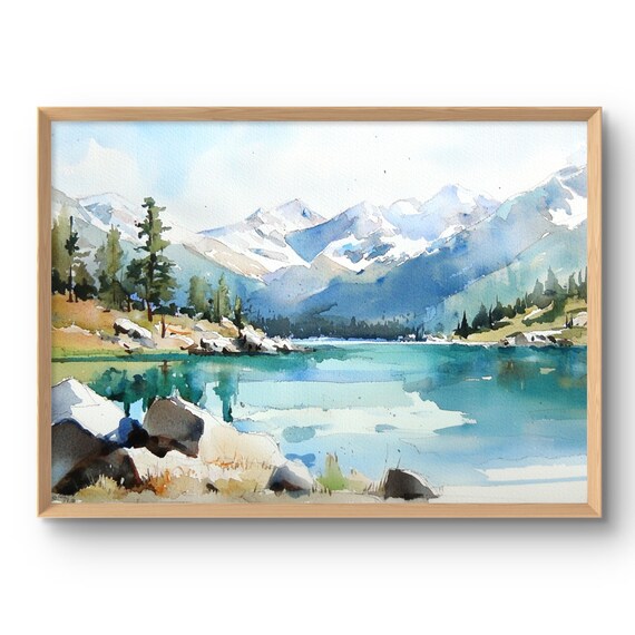 Colorado Grand Mesa Mountain Lake Poster Watercolor Rocky Peak Pine Landscape