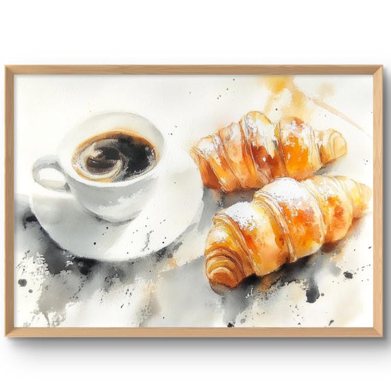 Coffee And Croissant Art Print Food Wall French Breakfast Watercolor Style Poster Cappuccino Cup Kitchen Decor
