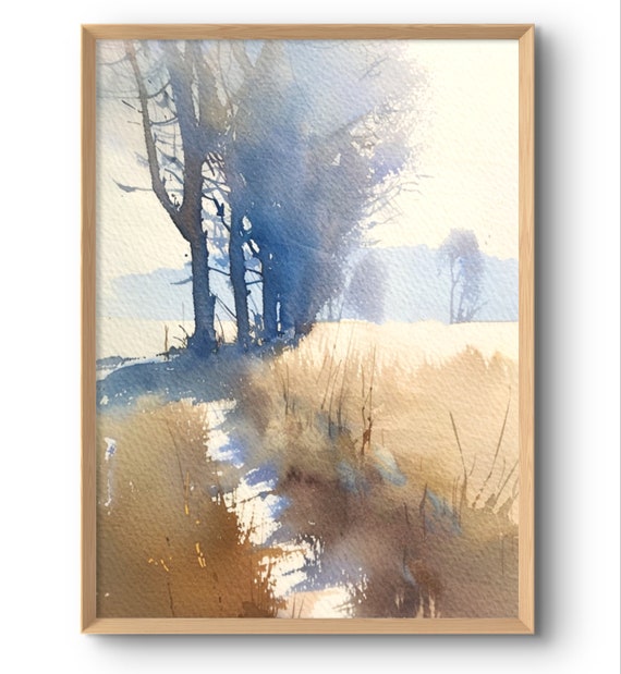 Trees Art Print Minimalist Landscape Wall Neutral Painting Path Field Watercolor Style Poster Blue And Terracotta