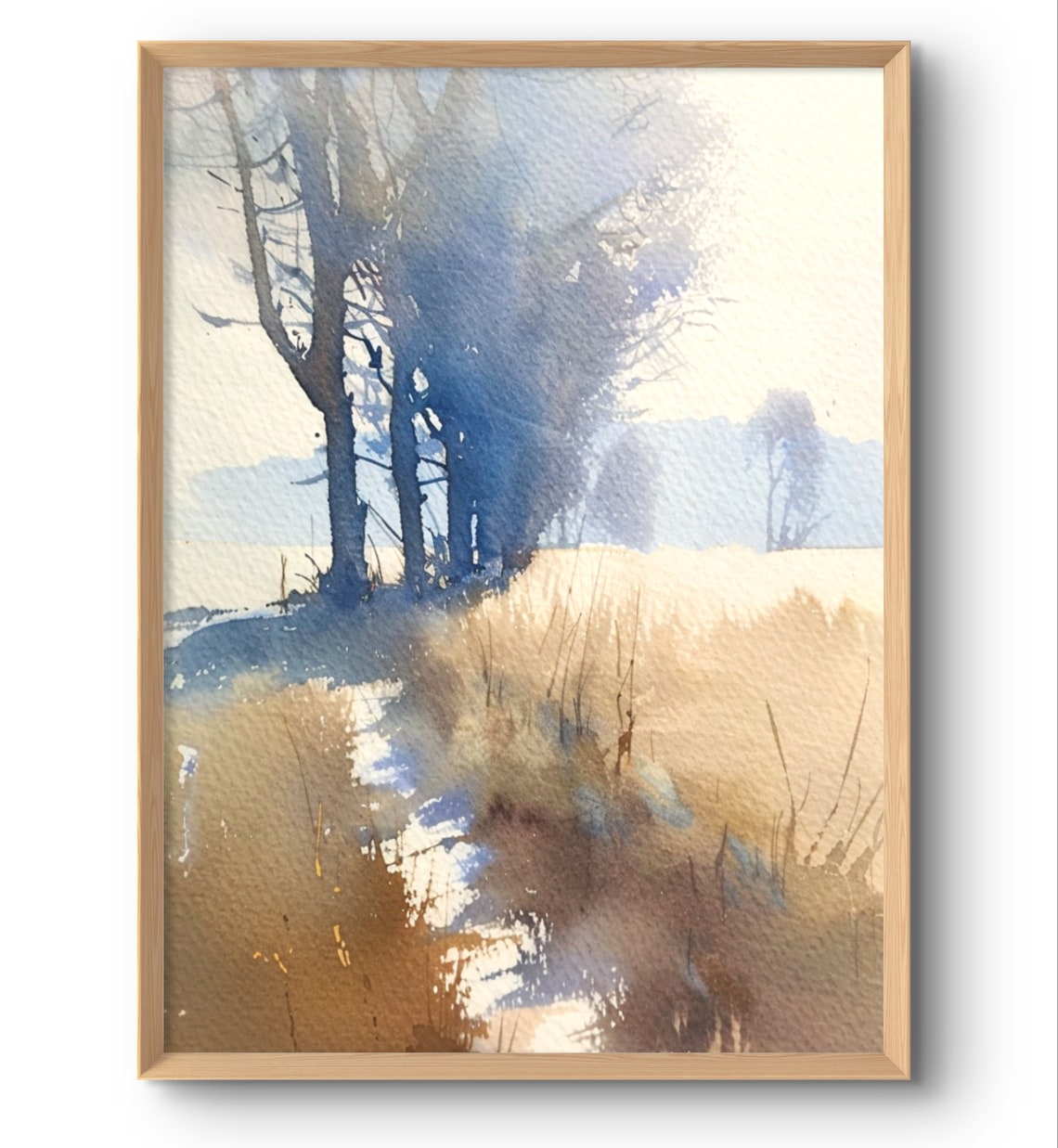 Blue Trees Serene Minimalist Watercolor Landscape Calm Painting Print