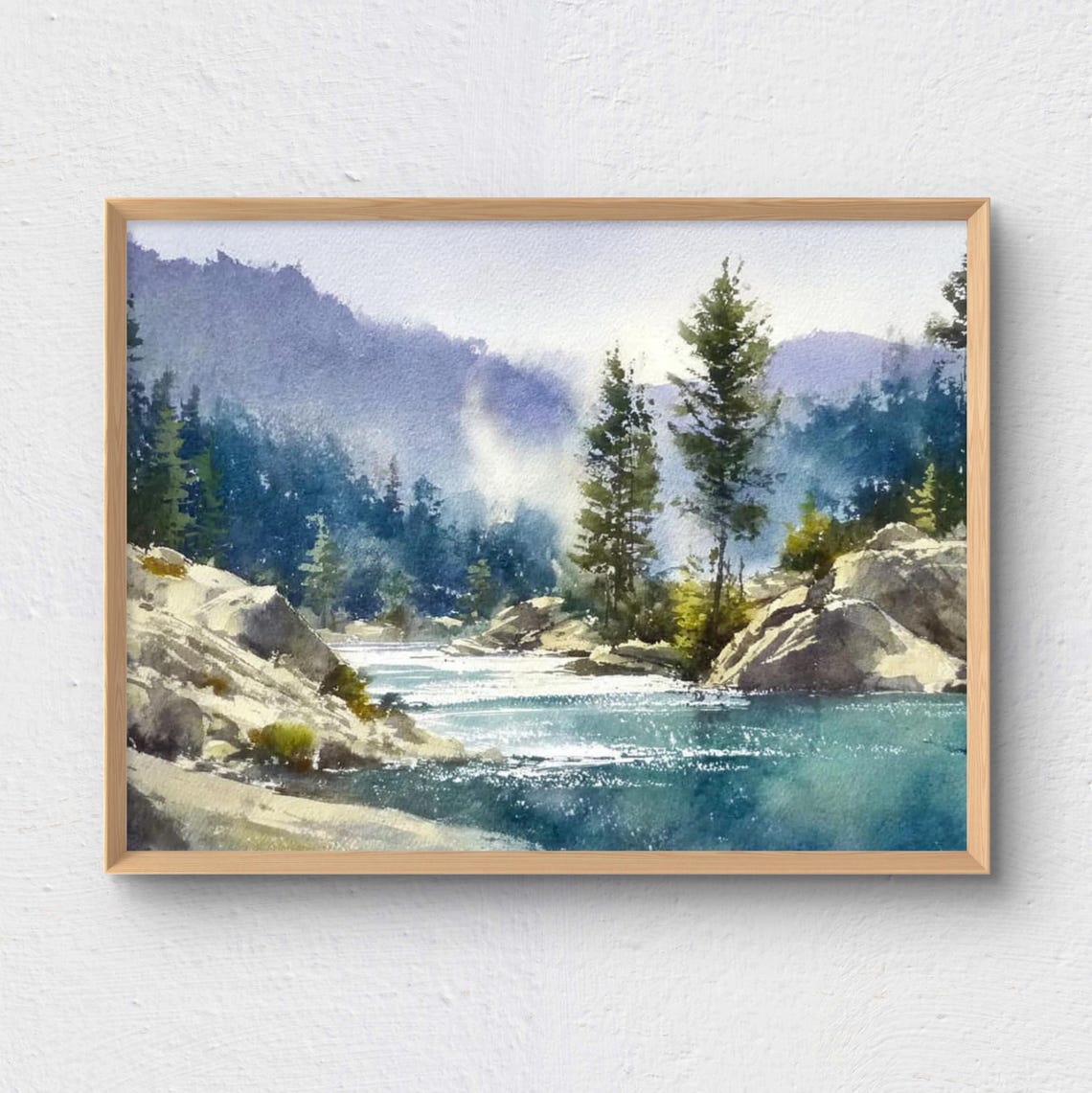 Alpine Mountain Lake with Evergreen Pines Watercolor Landscape Print