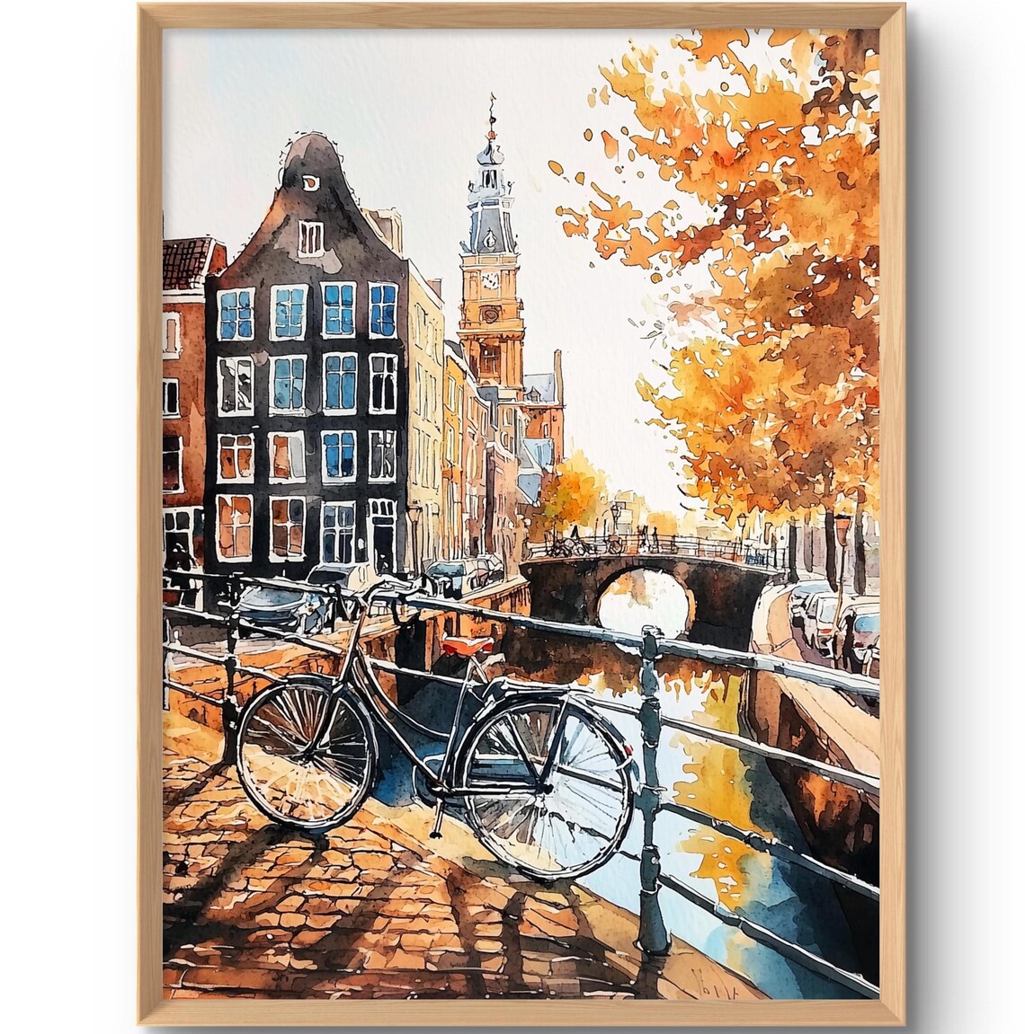 Amsterdam Canal Autumn Watercolor Bicycle Bridge Holland Travel Poster
