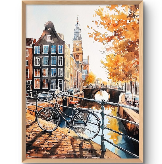 Amsterdam Canal Autumn Watercolor Bicycle Bridge Holland Travel Poster