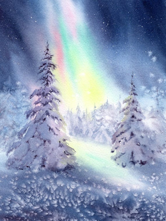 Pine Trees Print Watercolor Art Northern Lights Wall Snowy Forest Winter Landscape Aurora Borealis Poster From Original Painting