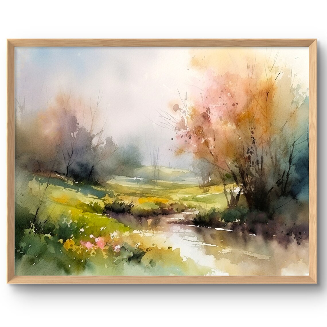 Spring Landscape Art Print, Wildflower Meadow Watercolor