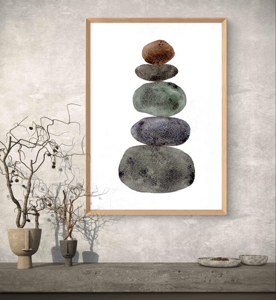 Stacked Stones Painting Watercolor Art Print Zen Wall Yoga Room Decor Meditation Mindfulness Gift Balancing Poster
