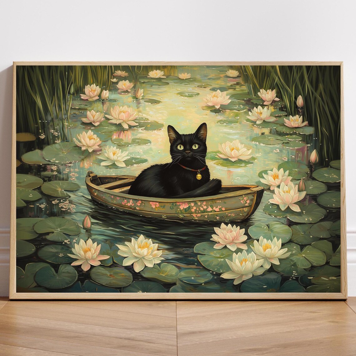 Serene Black Cat in a Small Wooden Boat on a Lily Pond Poster