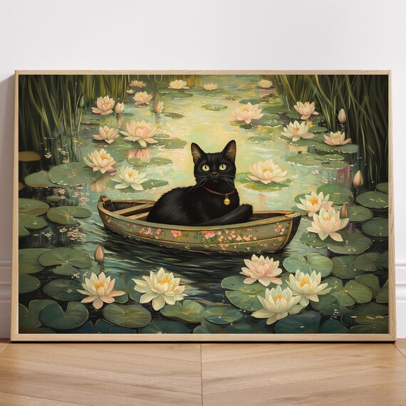 Serene Black Cat in a Small Wooden Boat on a Lily Pond Poster