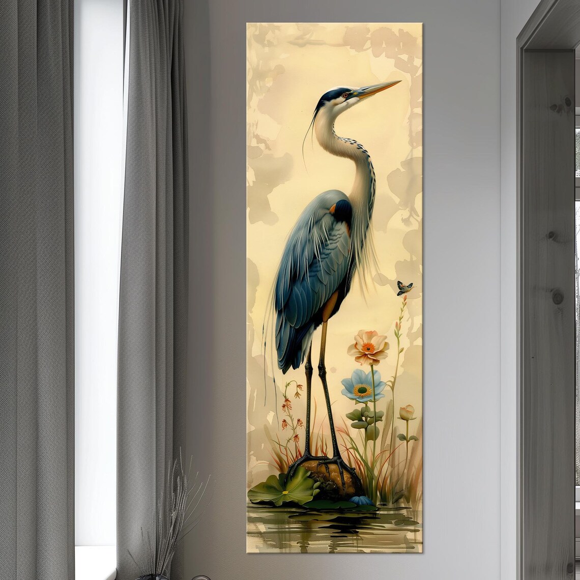 Great Blue Heron Standing In Water With Flowers Vertical Bird Wall Art