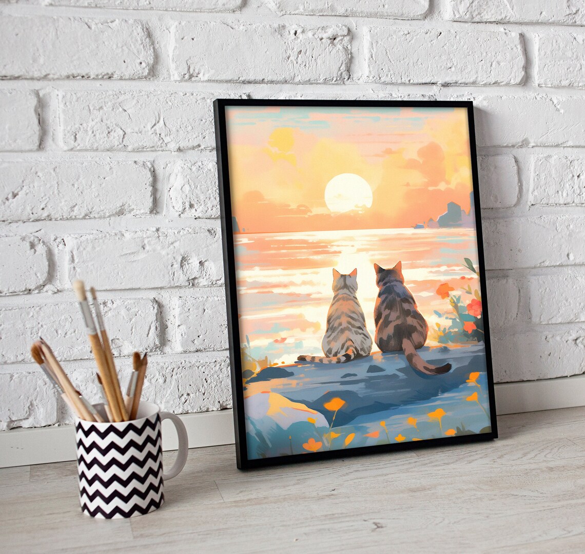 Lovely Cat Couple, Sunset Sea Art Print - Image 2
