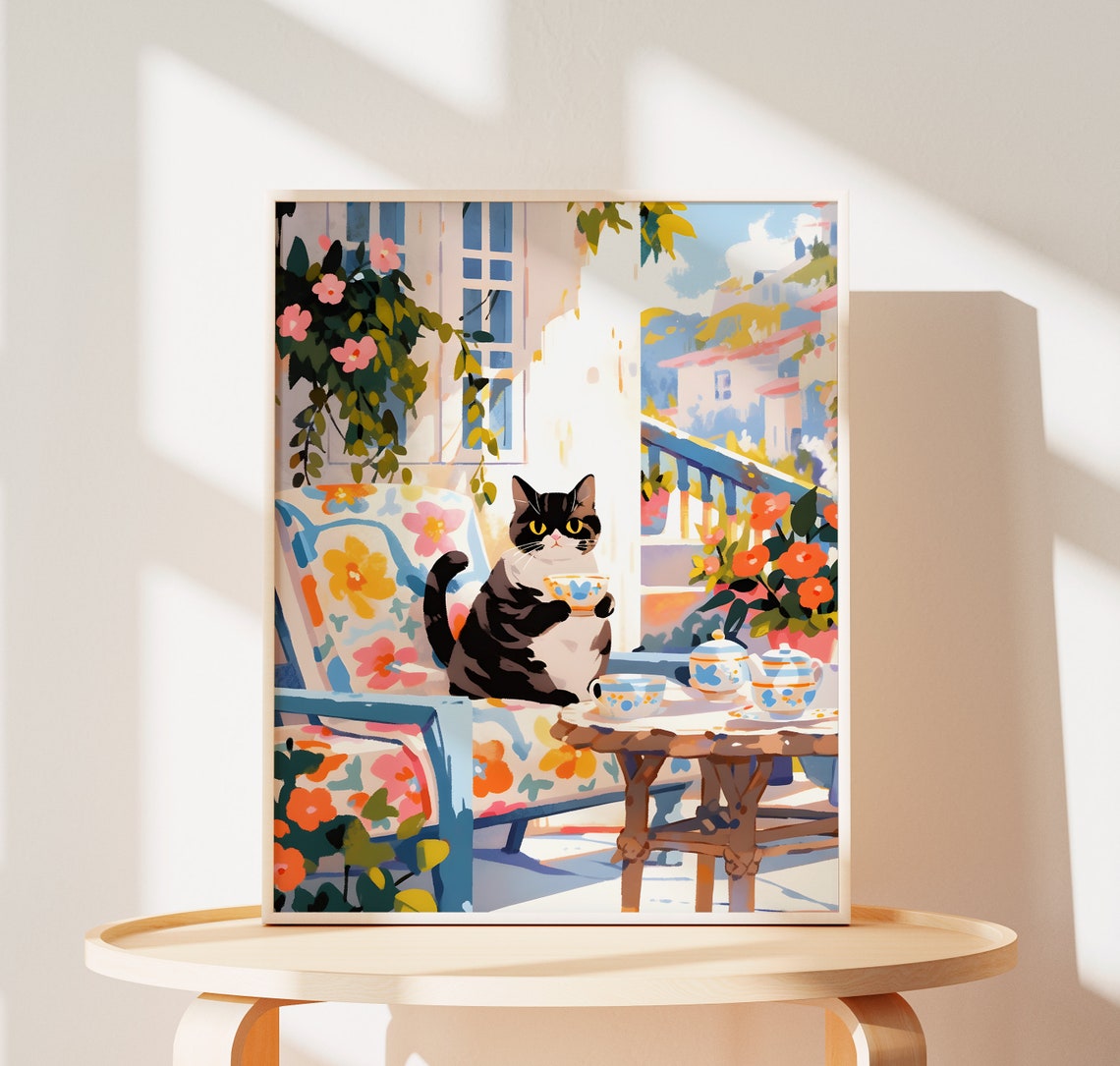 Black and White Cat Drinking Tea on a Sunny Balcony Art Poster