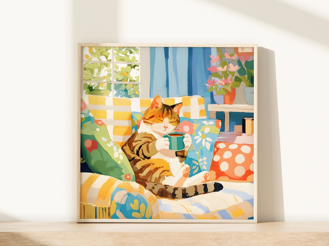 Cozy Brown Tabby Cat Coffee Wall Art, Cat Lovers