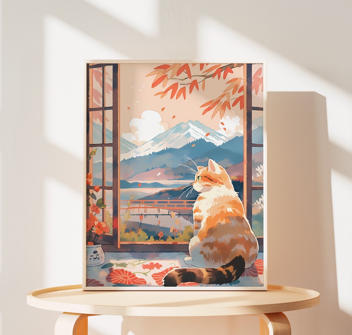 Cute Cat Art Print, Mount Fuji Japan Gift