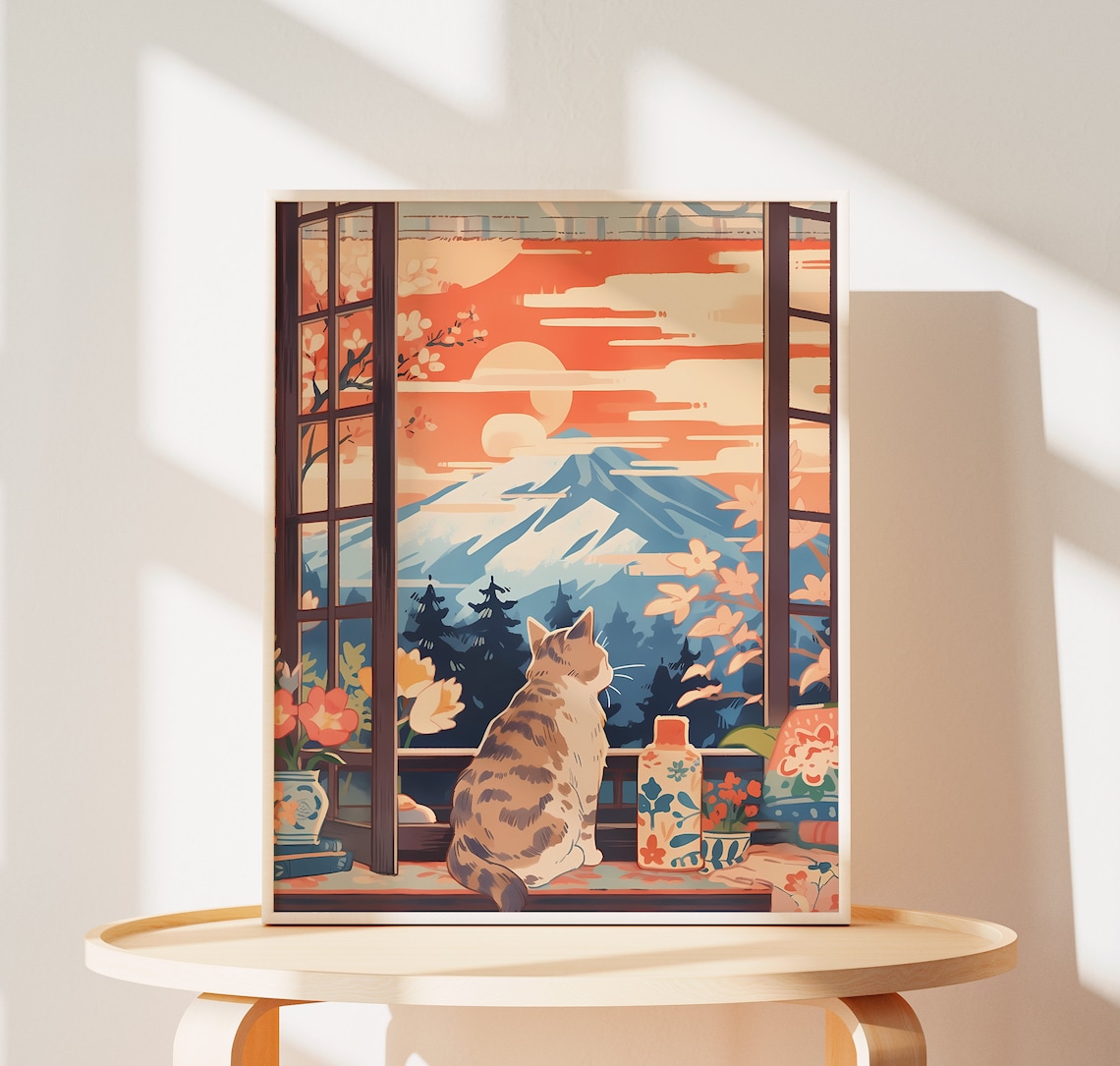 Cute Cat at Mount Fuji, Japan Holiday Art Print