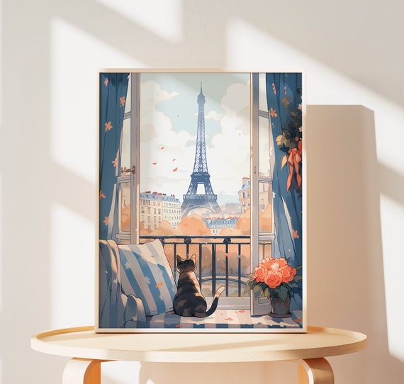 Cute Cat Eiffel Tower Print, Paris Wall Art