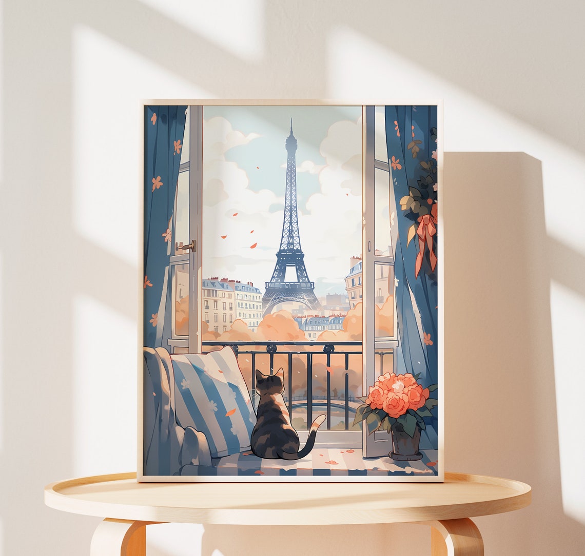 Cute Cat Eiffel Tower Print, Paris Wall Art