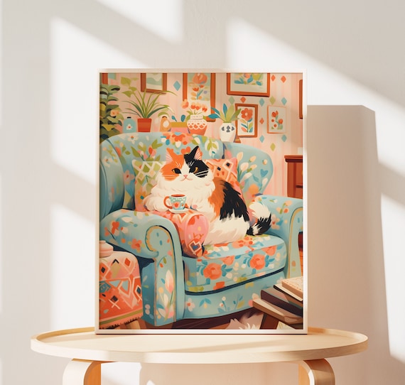 Cute Calico Cat Art Print, Gift For Cat Mom