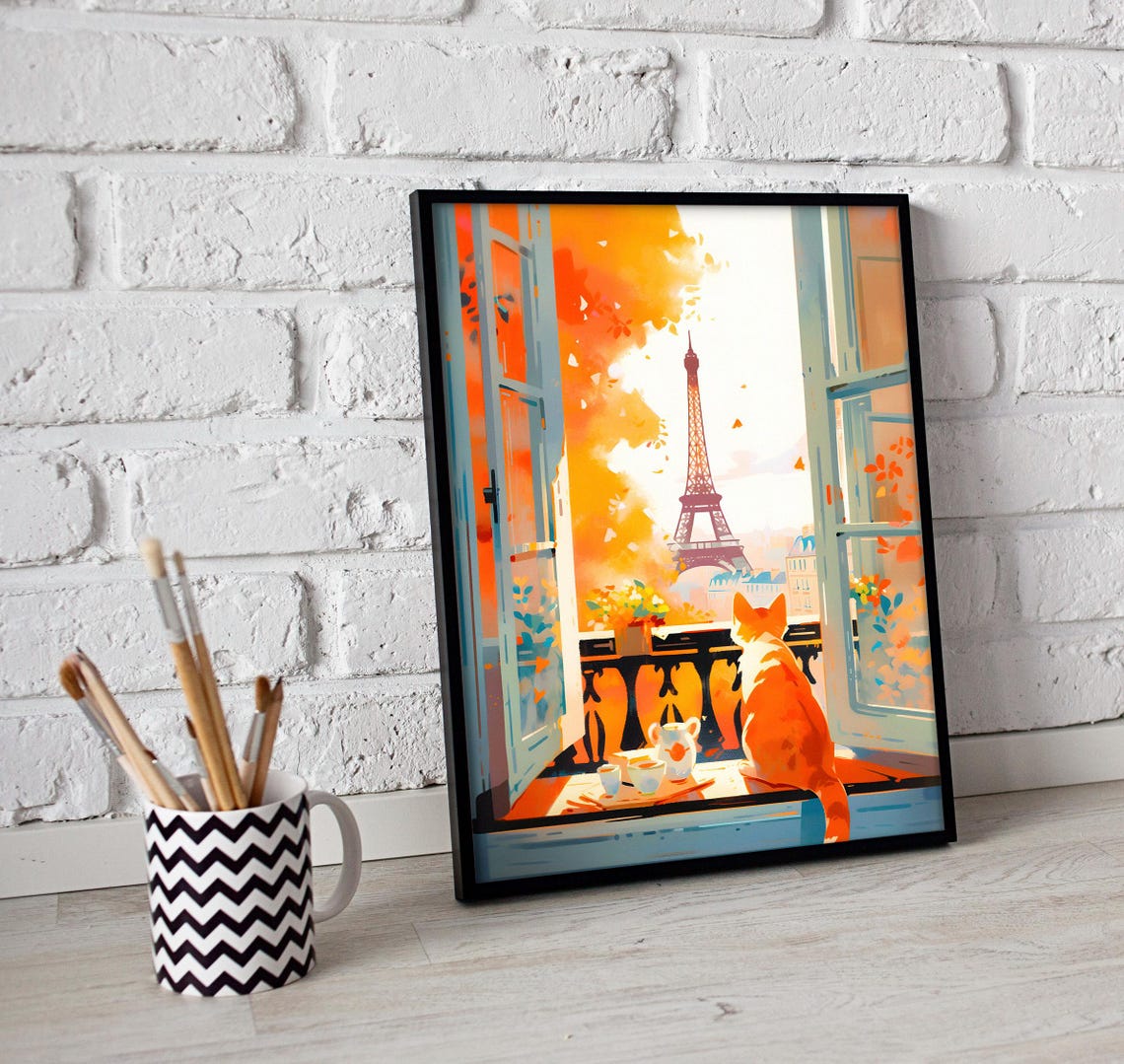 Orange Cat Watching Eiffel Tower From Autumn Window Paris Poster - Image 2