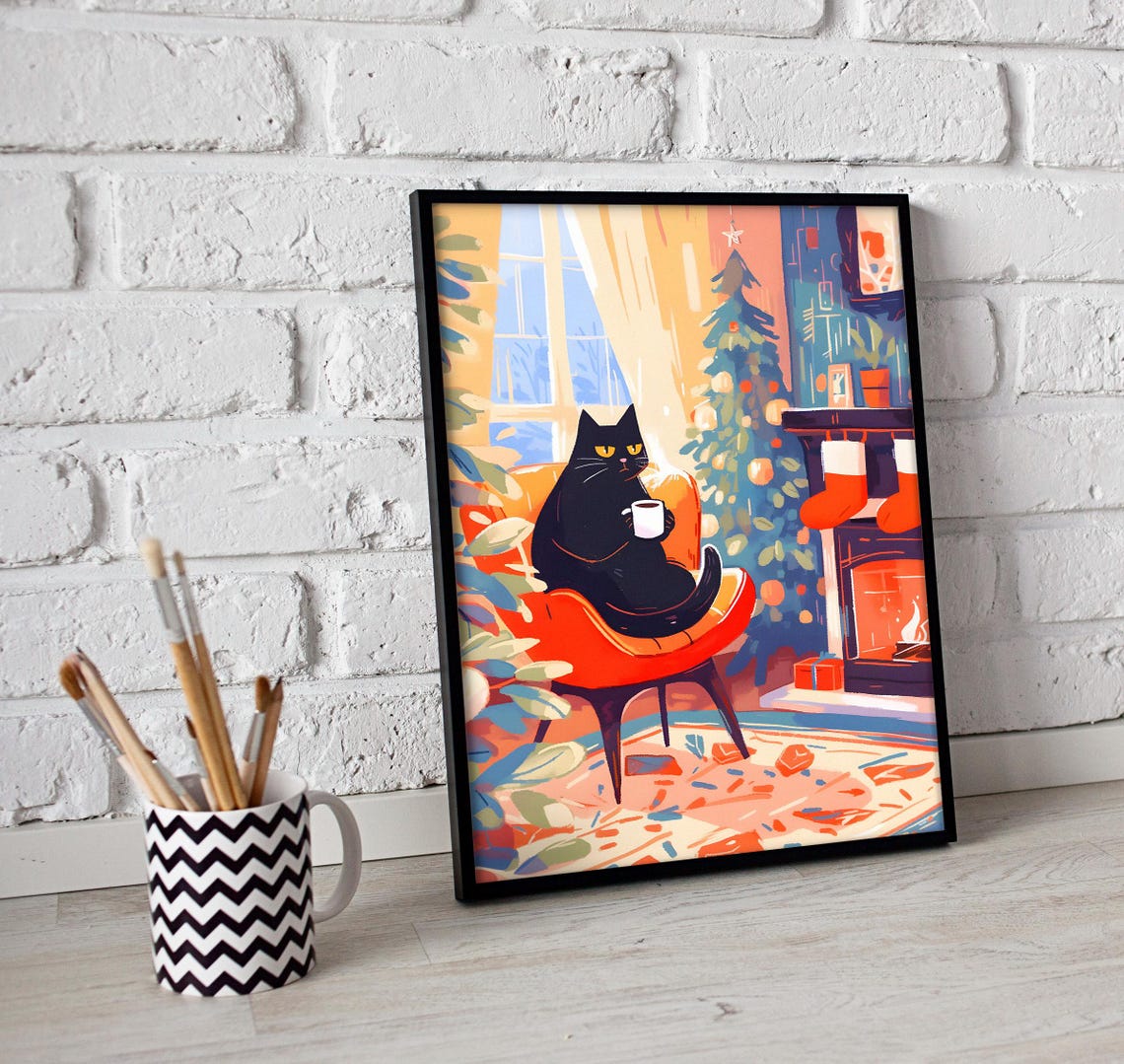 Black Cat by the Fireplace on a Cozy Christmas Morning Poster - Image 3