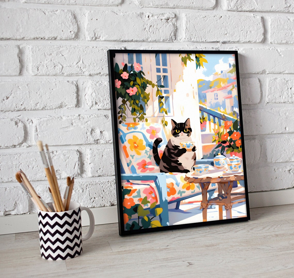 Black and White Cat Drinking Tea on a Sunny Balcony Art Poster - Image 3