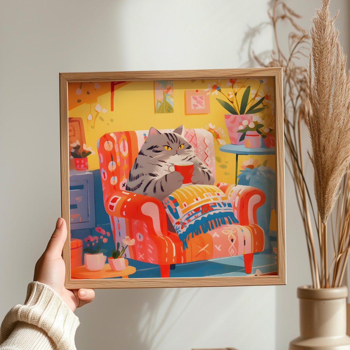 Relaxed Grey Tabby Cat Holding Red Mug in Patterned Armchair Poster - Image 3