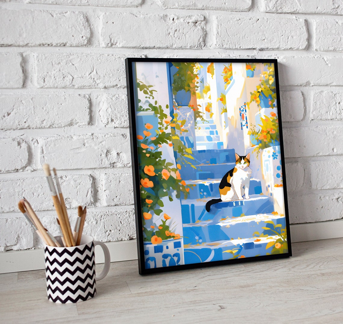 Calico Cat Sitting on Blue Steps in a Moroccan Village Poster - Image 3