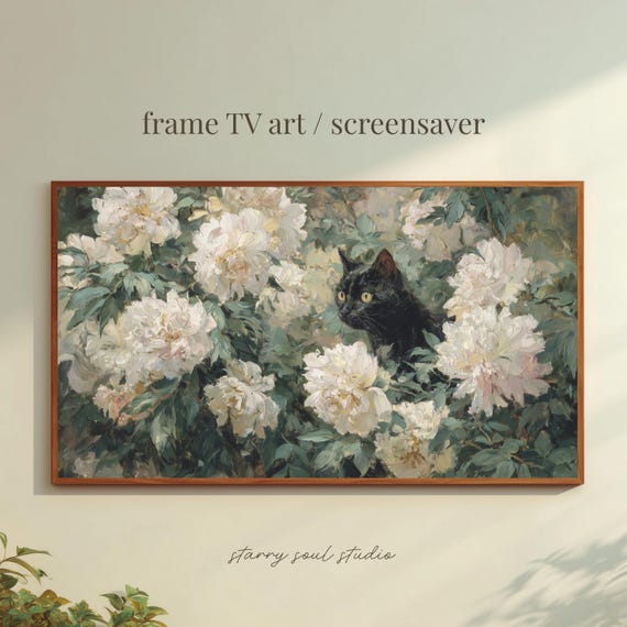 Black Cat And Flowers Frame Tv Art Impressionist Classic Oil Painting Desktop Wallpaper Cozy Floral Screensaver Tv25007