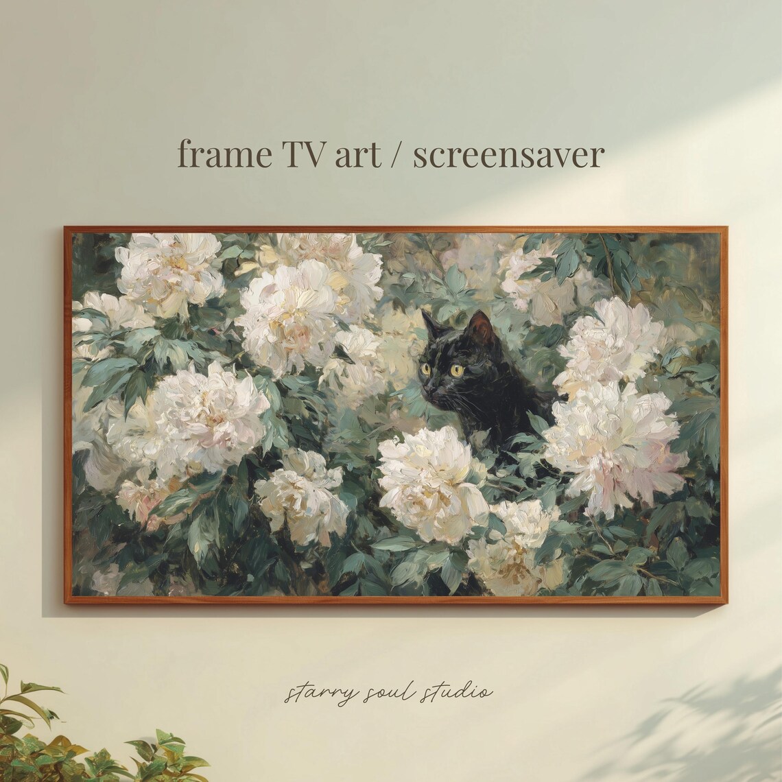 Black Cat Hiding Among White Peonies Garden Oil Painting TV Poster