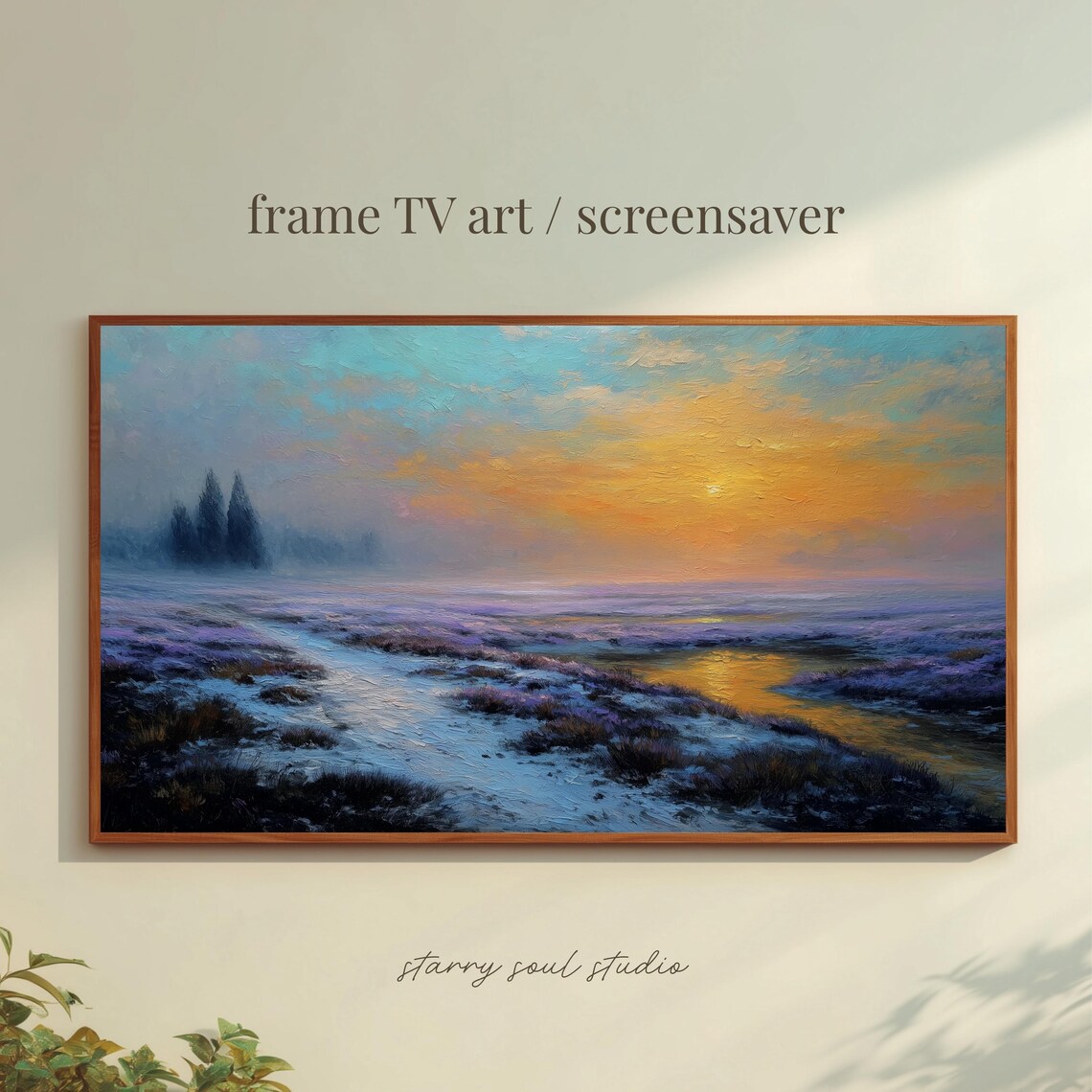 Golden Sunset Over Snowy Wetland Winter Oil Painting TV Art Poster